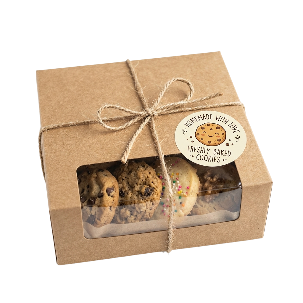 A gift box with a clear lid showing three homemade cookies tied with twine and a label reading homemade with love.
