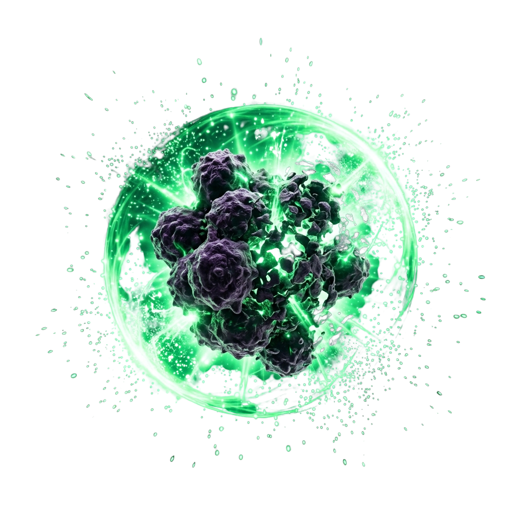 Cluster of dark purple cancer cells surrounded by a glowing green energy field with sparks