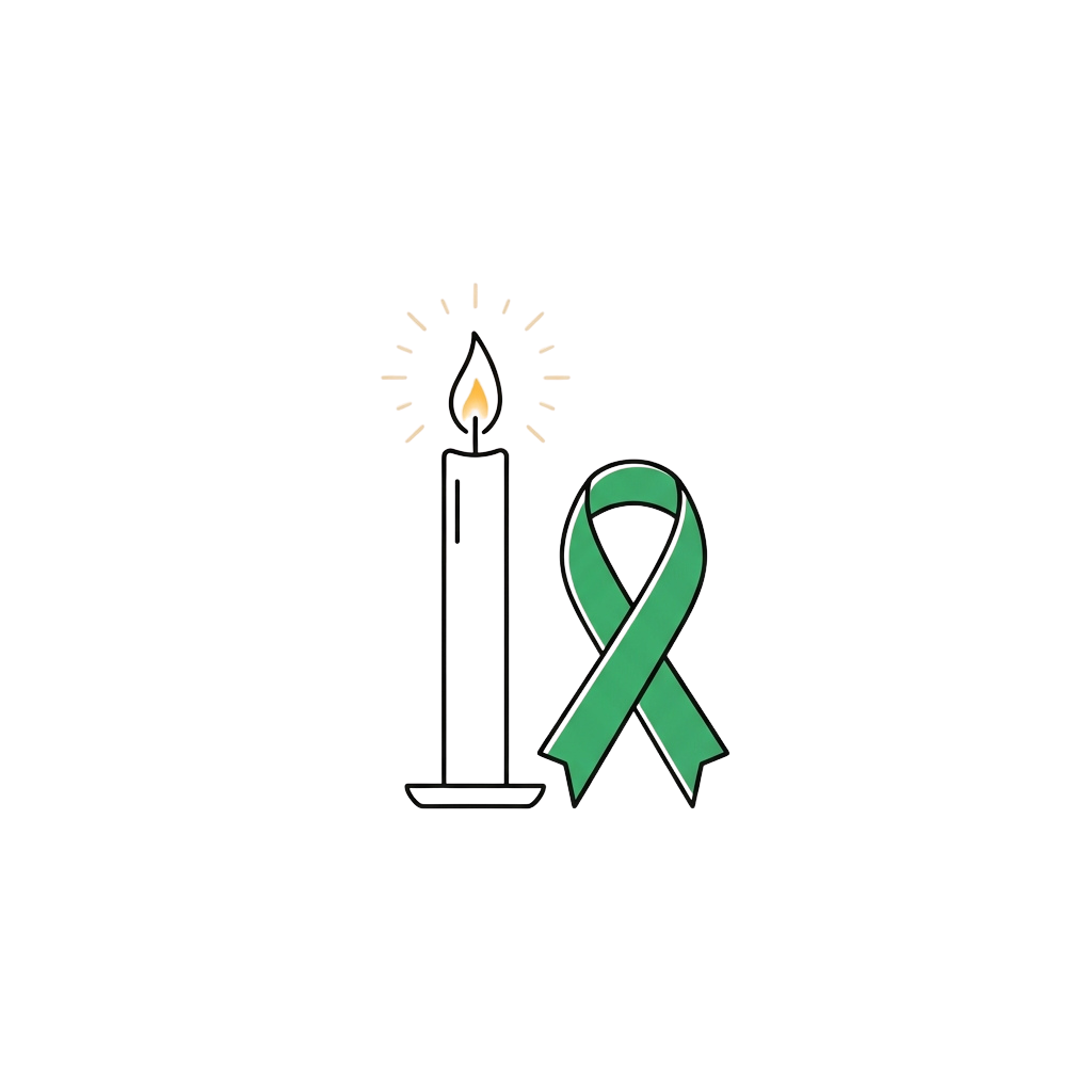 A lit candle with a glowing flame and a green awareness ribbon beside it on a black background