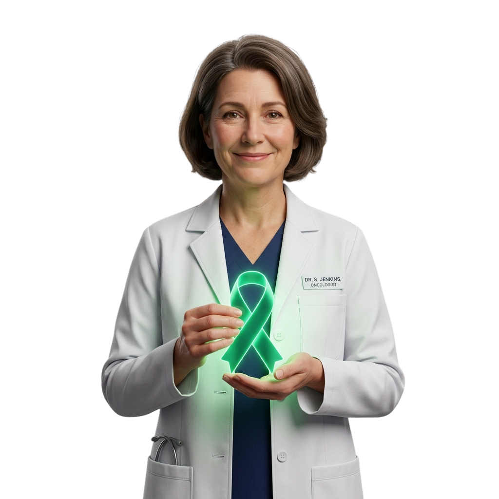 Smiling oncologist in white lab coat holding glowing green cancer awareness ribbon