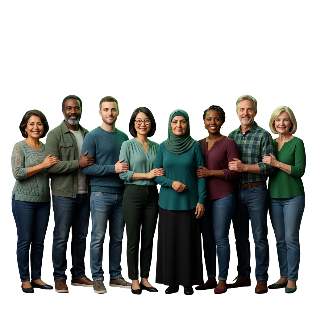 Seven diverse professionals standing together with arms crossed, smiling at the camera.