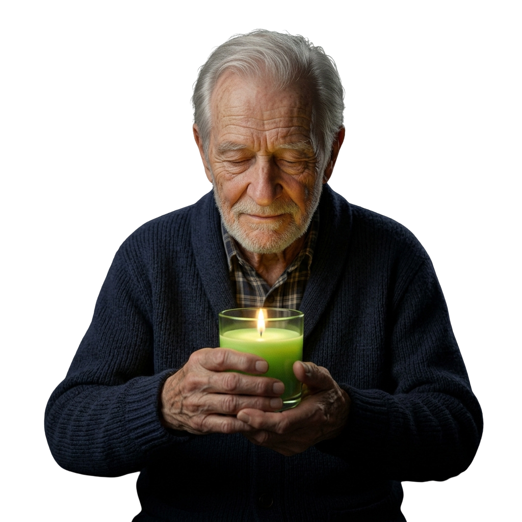 An older person holding a lit green candle with a contemplative expression.