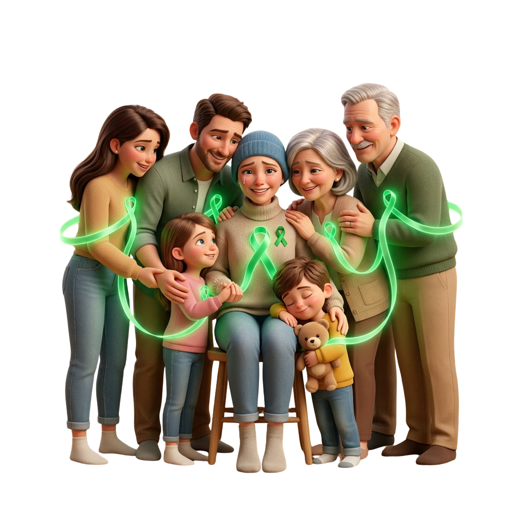 A diverse family of seven wearing green ribbons, symbolizing cancer awareness and support.
