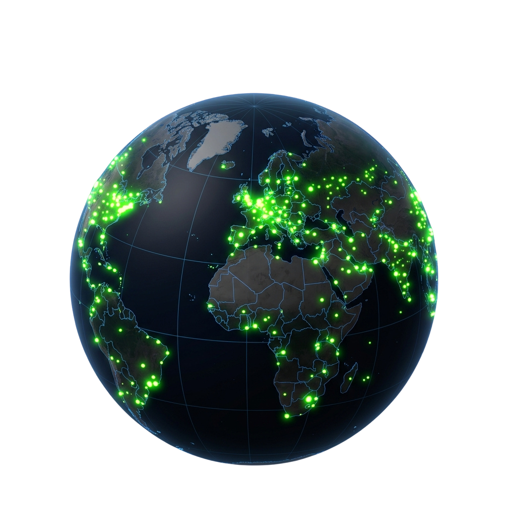 A 3D globe displaying green lights representing major cities and urban areas at night