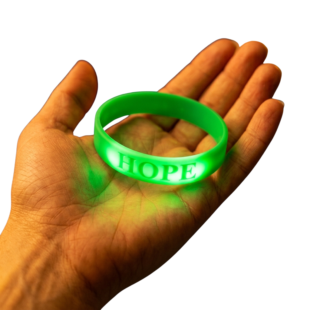 Hand holding a glowing green wristband with the word HOPE written on it