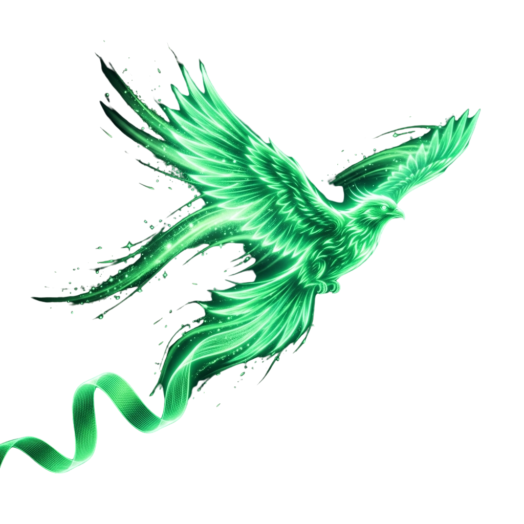A glowing green phoenix bird in mid-flight with shimmering feathers and a wavy tail against a black background