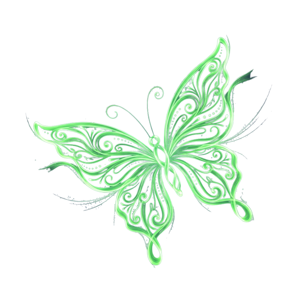 A stylized green butterfly with intricate swirling patterns on black background