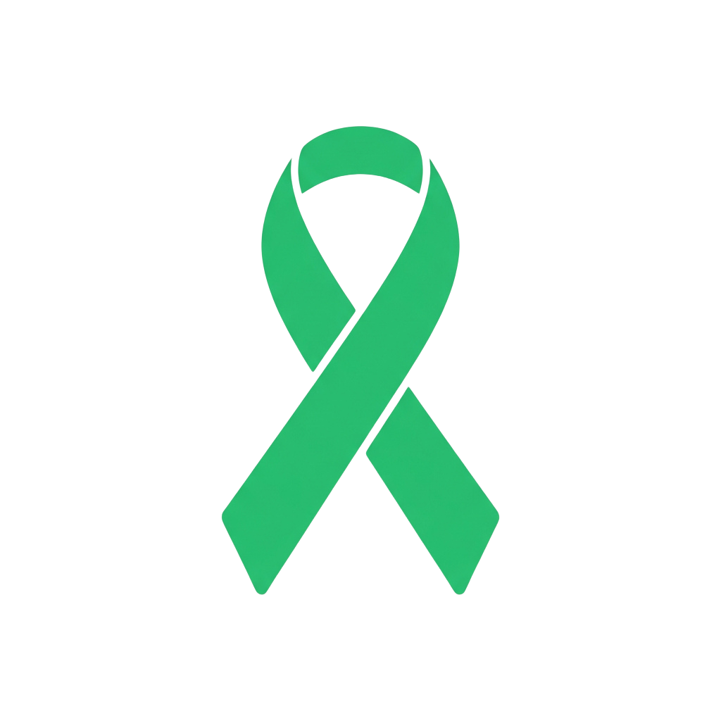 A green awareness ribbon on a black background