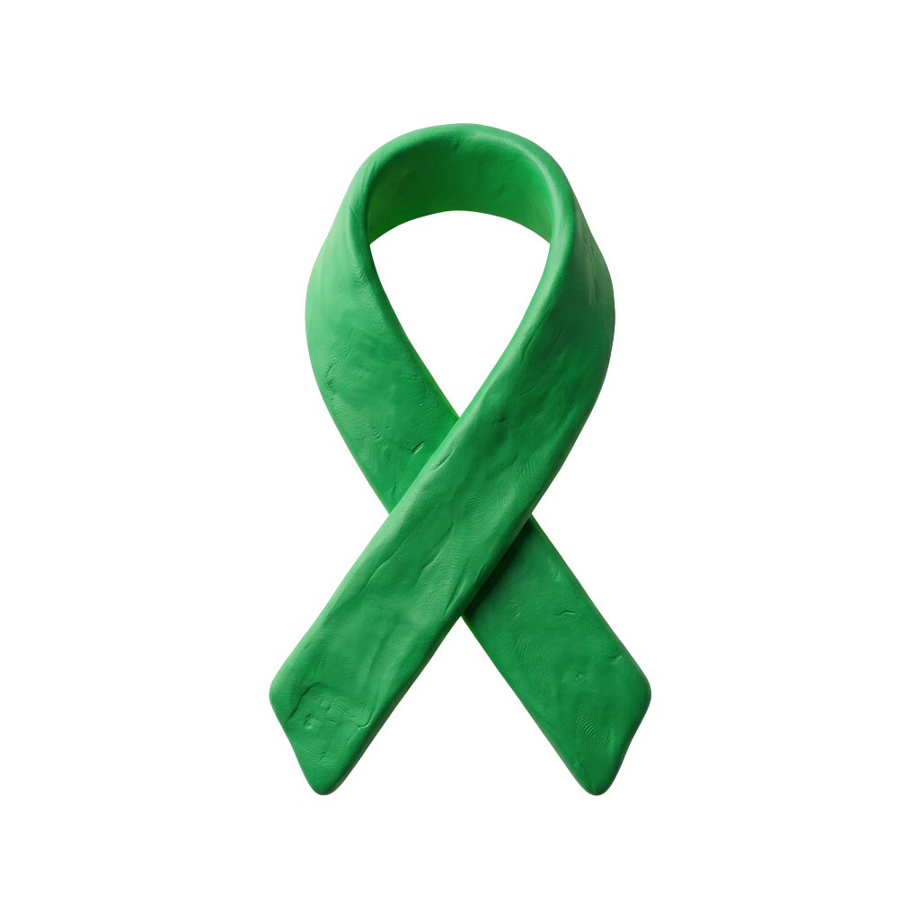 A solid green awareness ribbon against a black background