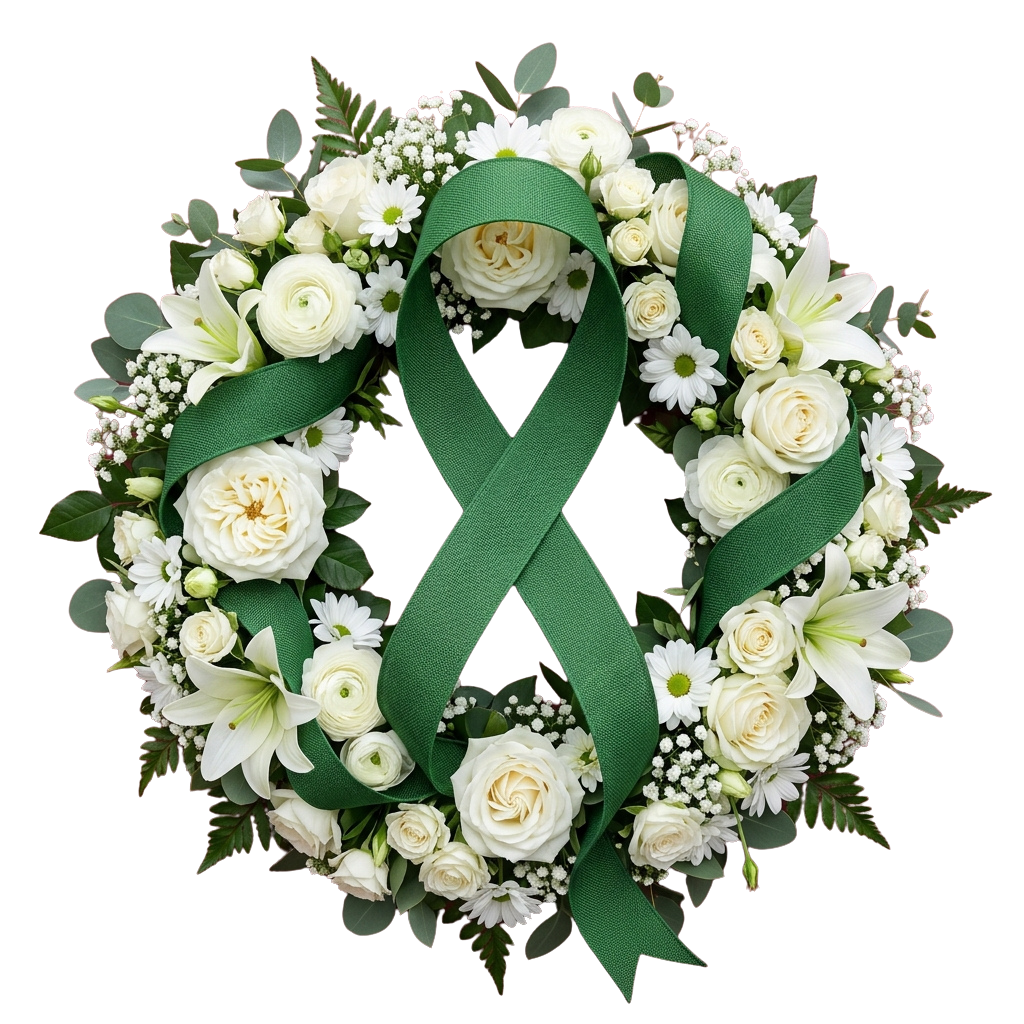 A circular wreath made of white flowers and green ribbon against a black background