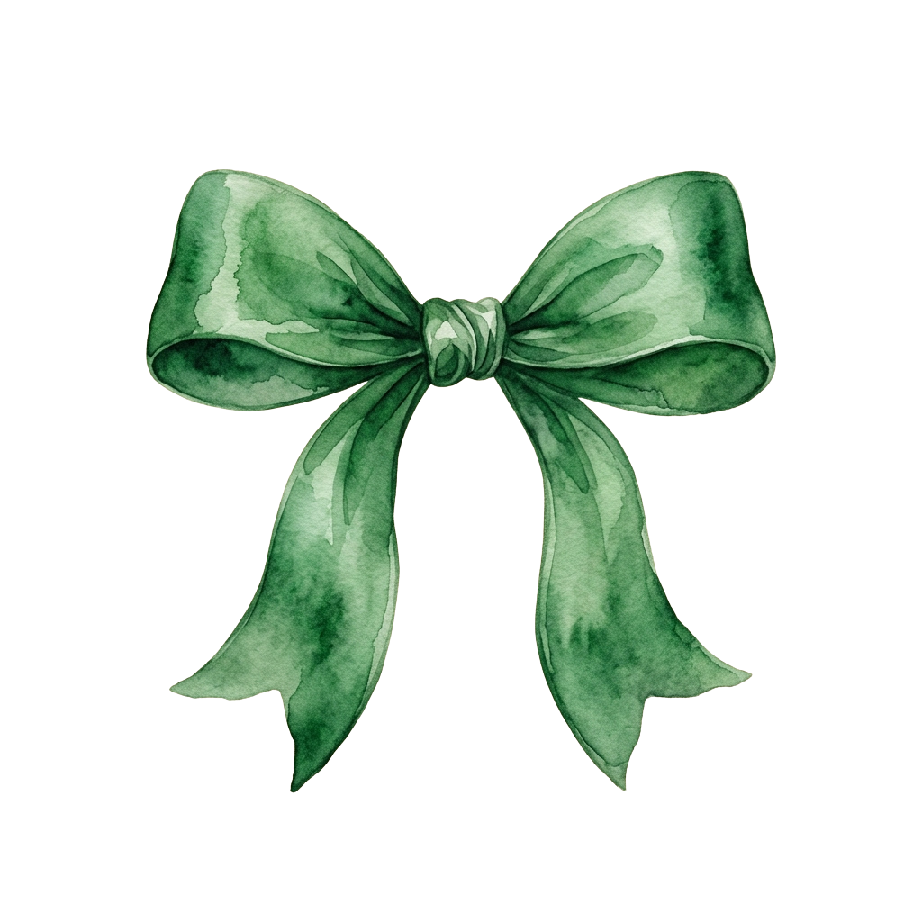 A detailed watercolor bow in green color on a black background