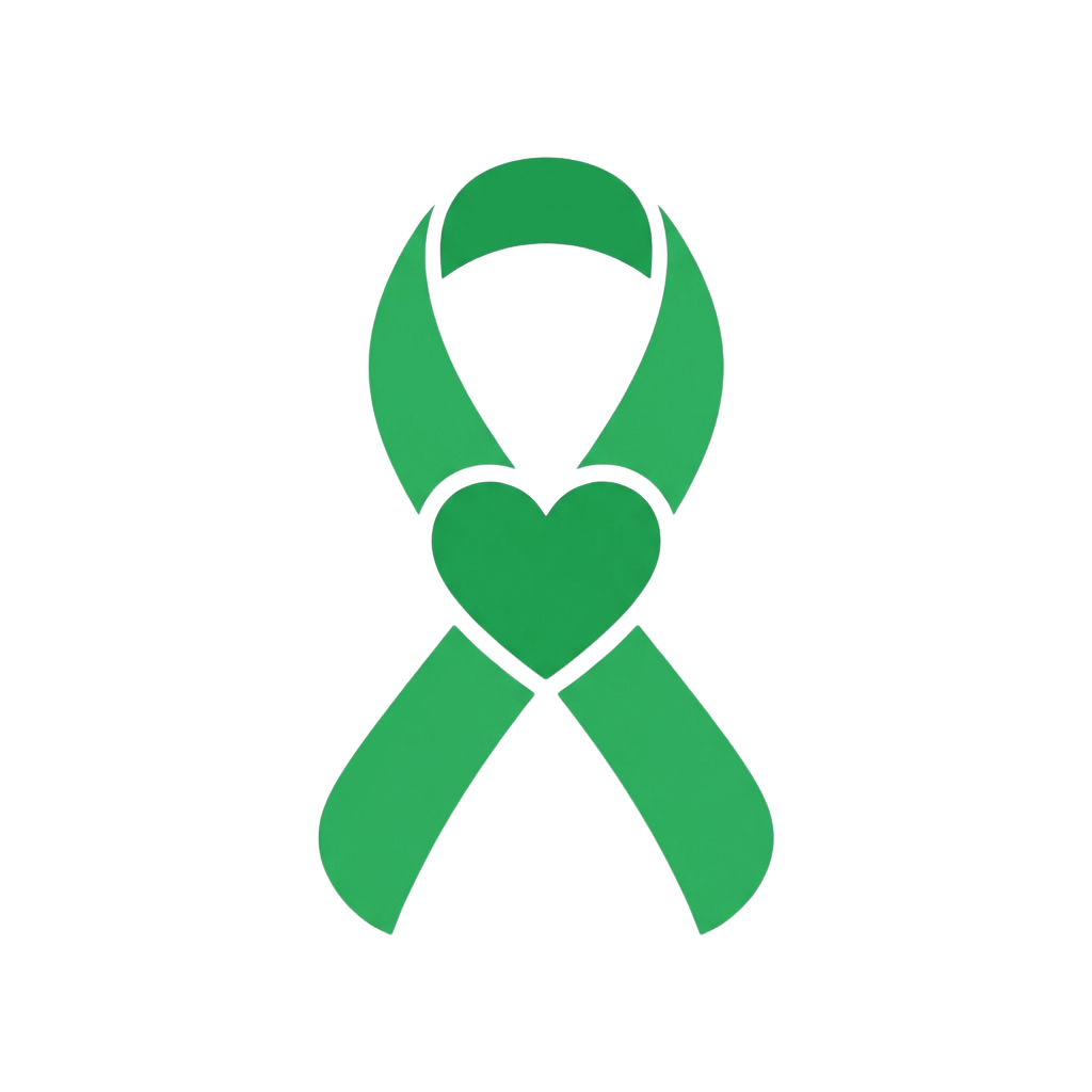 Green ribbon with a heart shape symbolizing awareness or support
