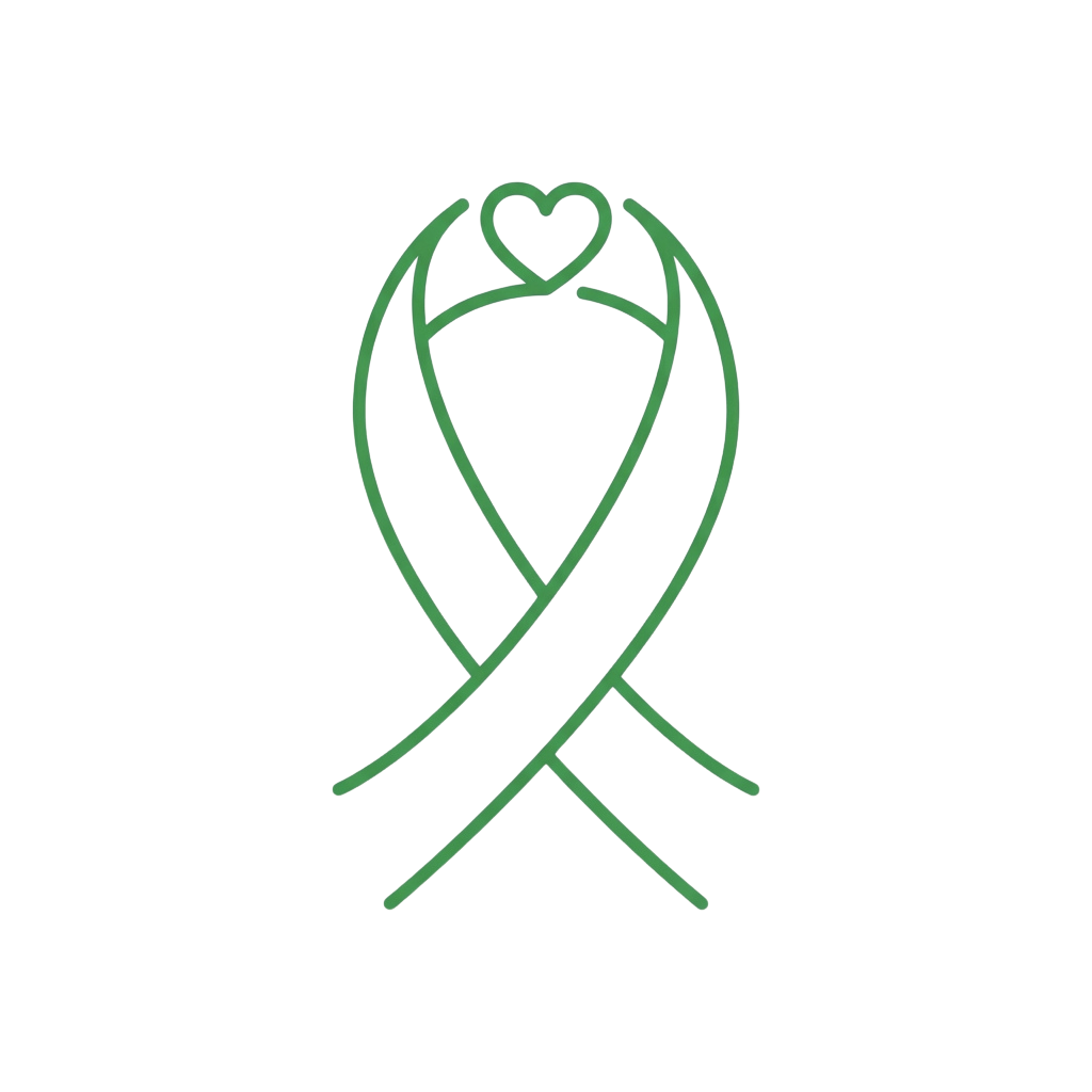 Green ribbon symbol with a heart shape at the top, representing awareness or support.