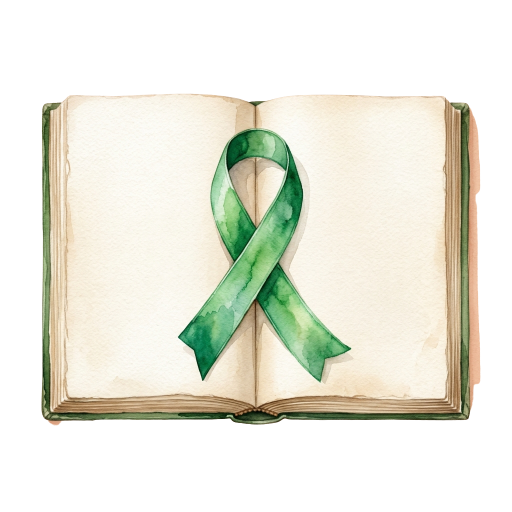 An open book with a green awareness ribbon placed between the pages