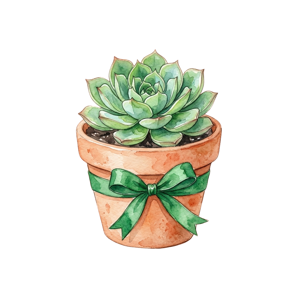 A watercolor illustration of a green succulent plant in a terracotta pot tied with a green ribbon bow.