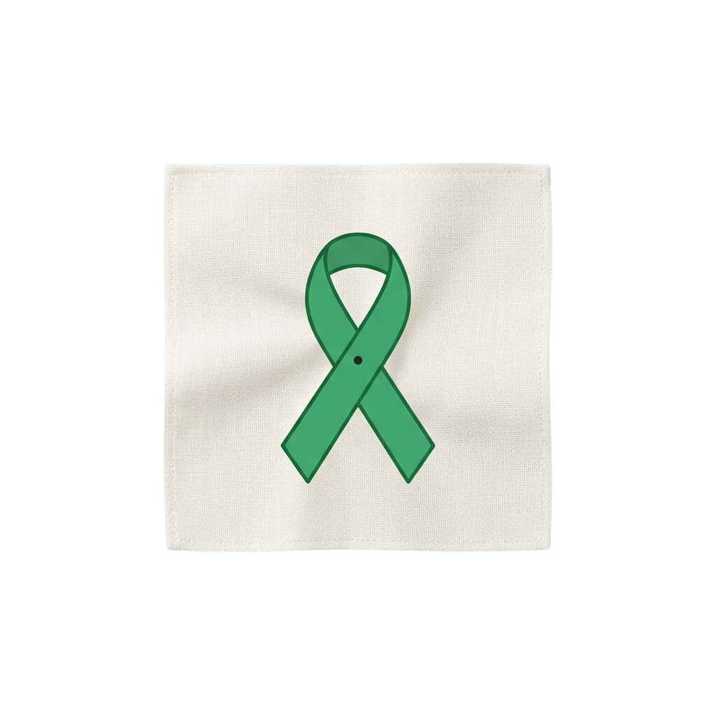 A green awareness ribbon on a light-colored fabric square
