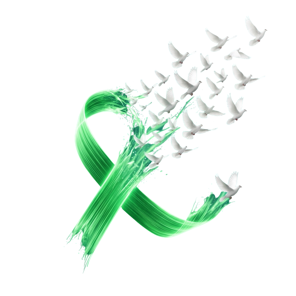 A green ribbon intertwined with white doves flying around it on a black background