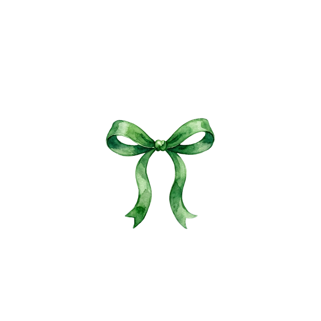 A stylized illustration of a green velvet bow tied in a decorative knot