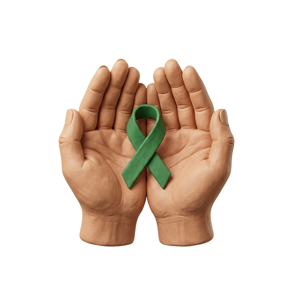 Two hands holding a green awareness ribbon between them against a black background