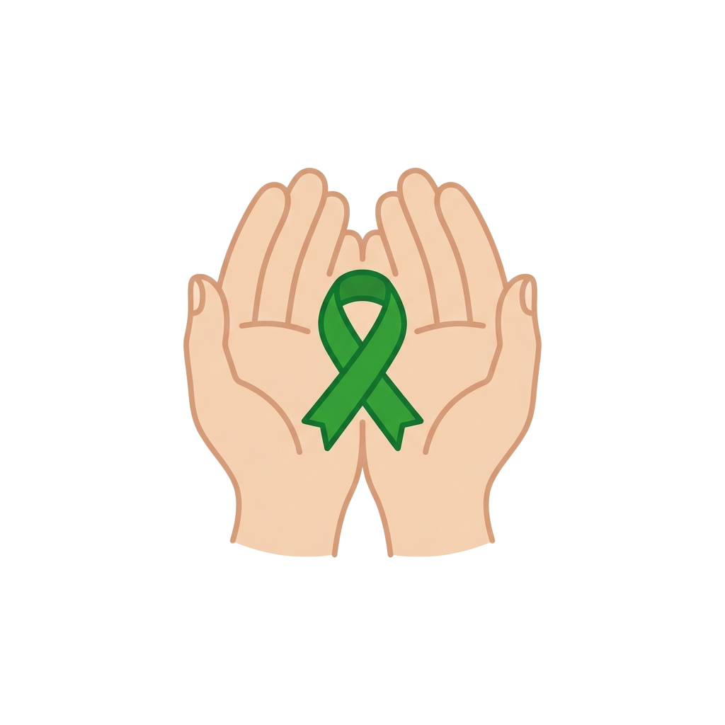 Two hands clasped together holding a green ribbon symbol