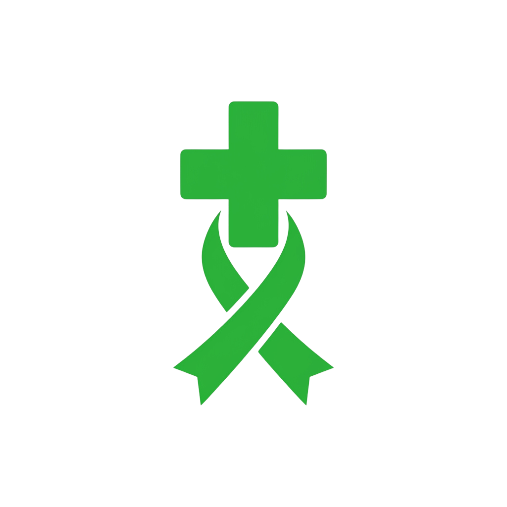 A green cross with a ribbon underneath, symbolizing health awareness or medical support