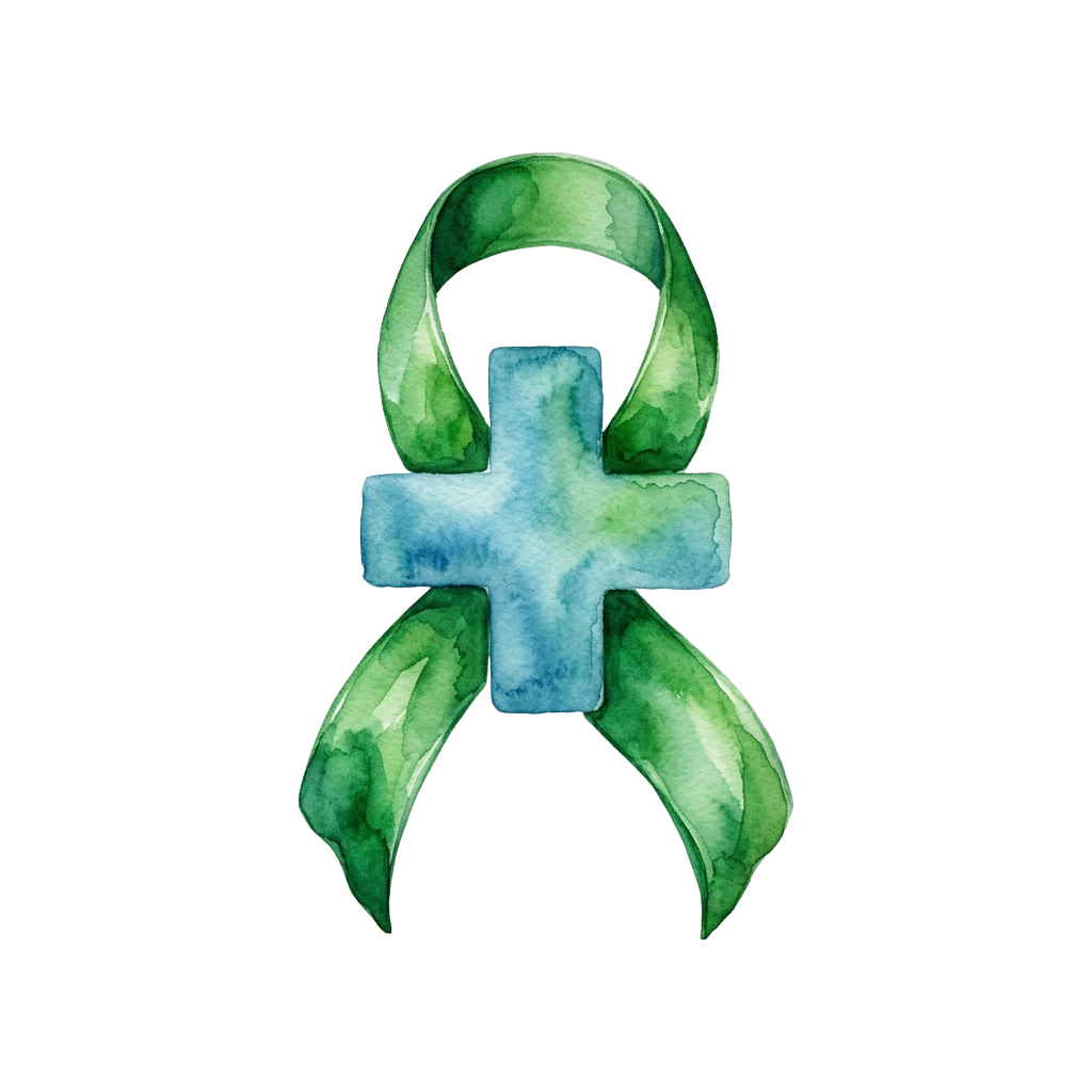 Watercolor ribbon in green with a blue cross symbol in the center