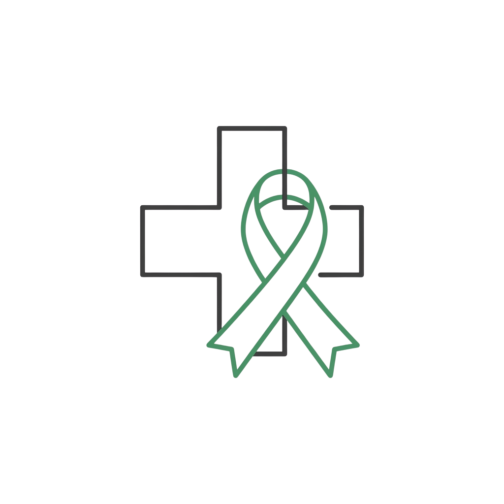 A medical caduceus symbol with a green awareness ribbon wrapped around its central staff