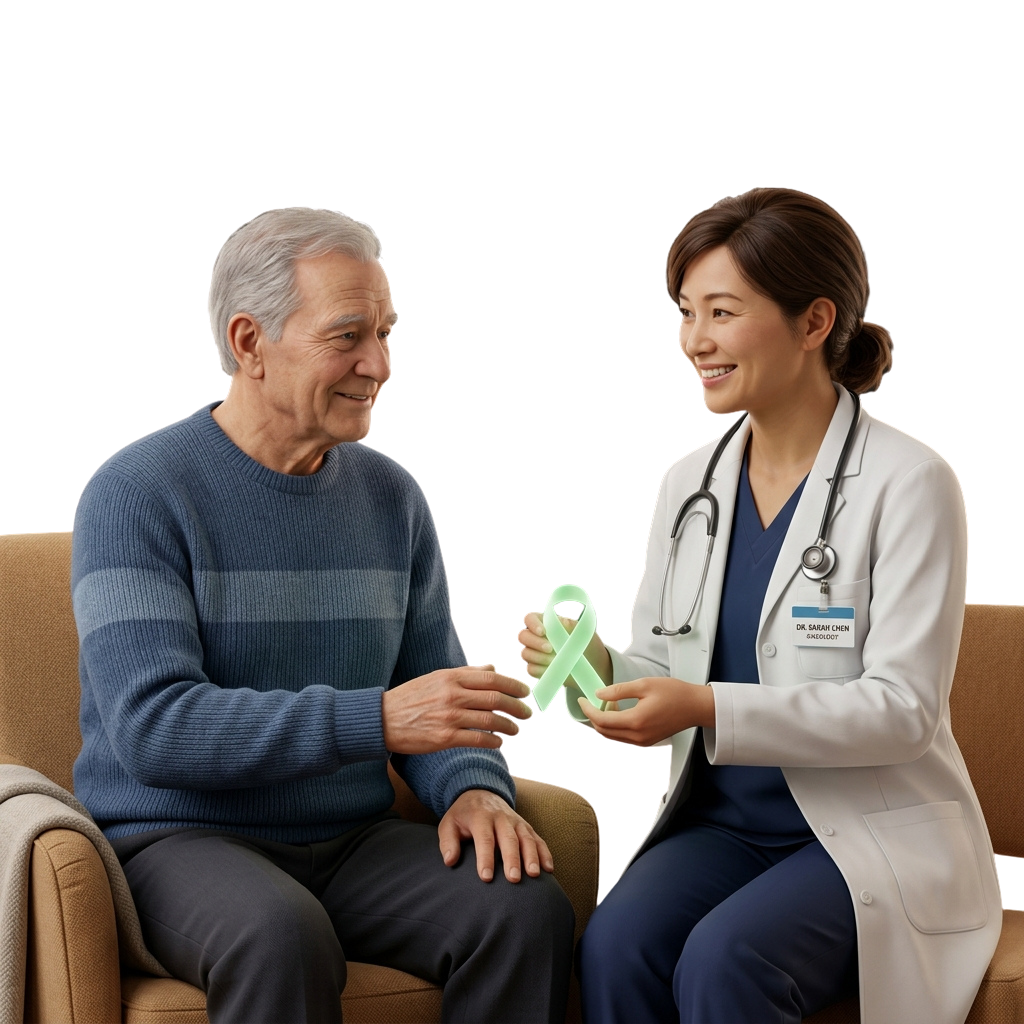 Smiling doctor showing a green awareness ribbon to an elderly male patient during a consultation
