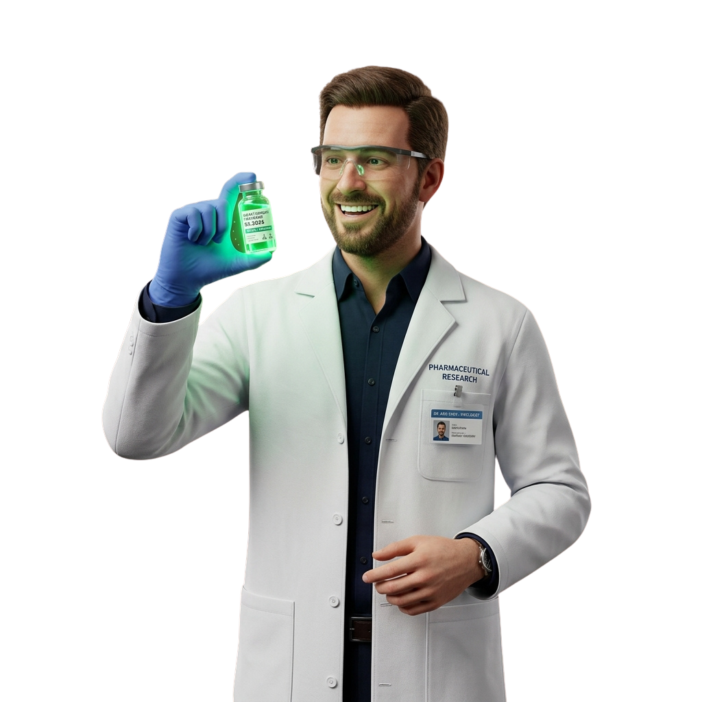 Smiling scientist in lab coat holding green vaccine vial with blue gloves