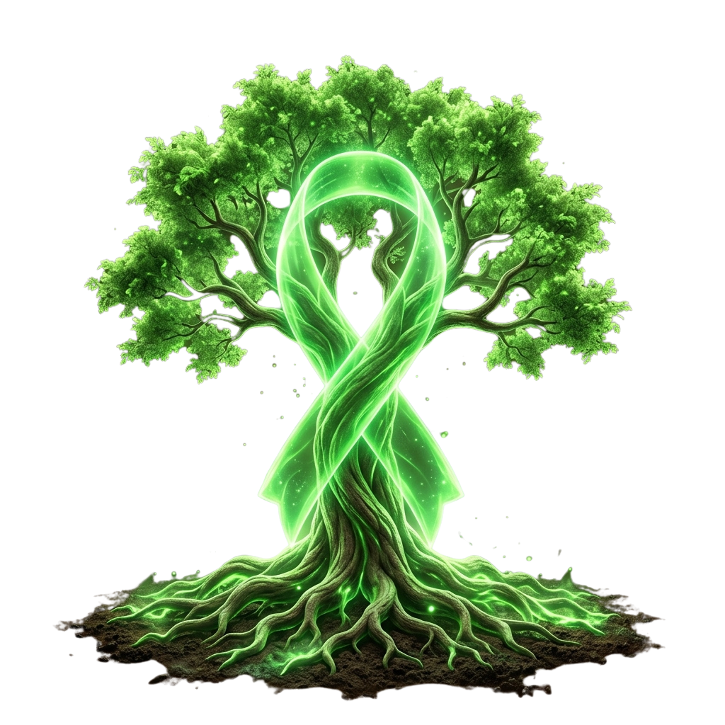 A glowing green ribbon intertwined with a tree, symbolizing hope and nature.