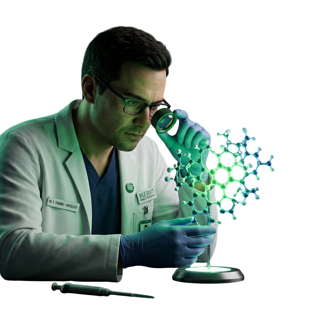 A scientist in a lab coat using a microscope to examine a glowing molecular structure.