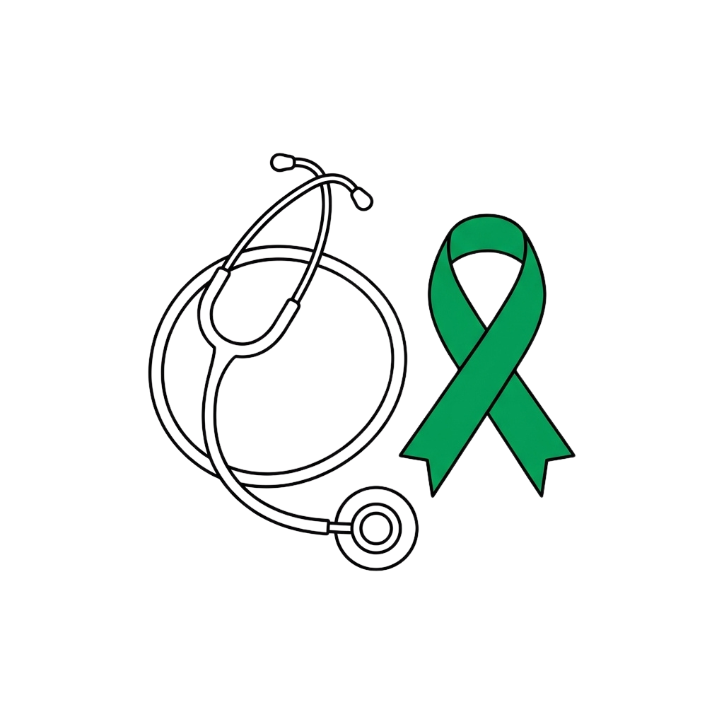 A bright green awareness ribbon on a black background with a faint circular design.