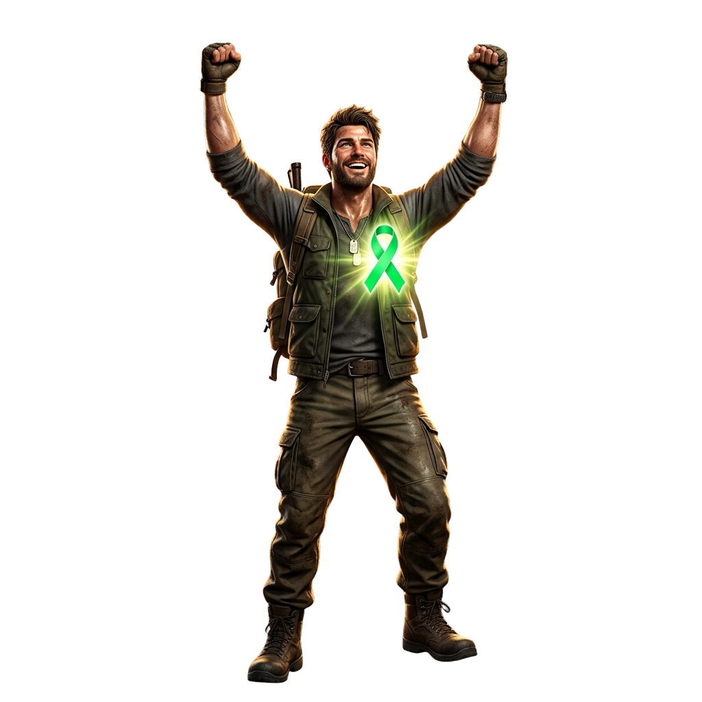 A person with arms raised wearing a green glowing ribbon symbol on their chest, standing triumphantly.