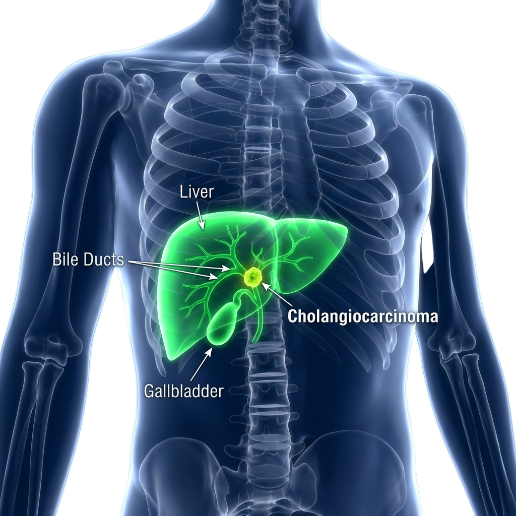 Anatomical diagram showing liver, bile ducts, gallbladder, and cholangiocarcinoma location