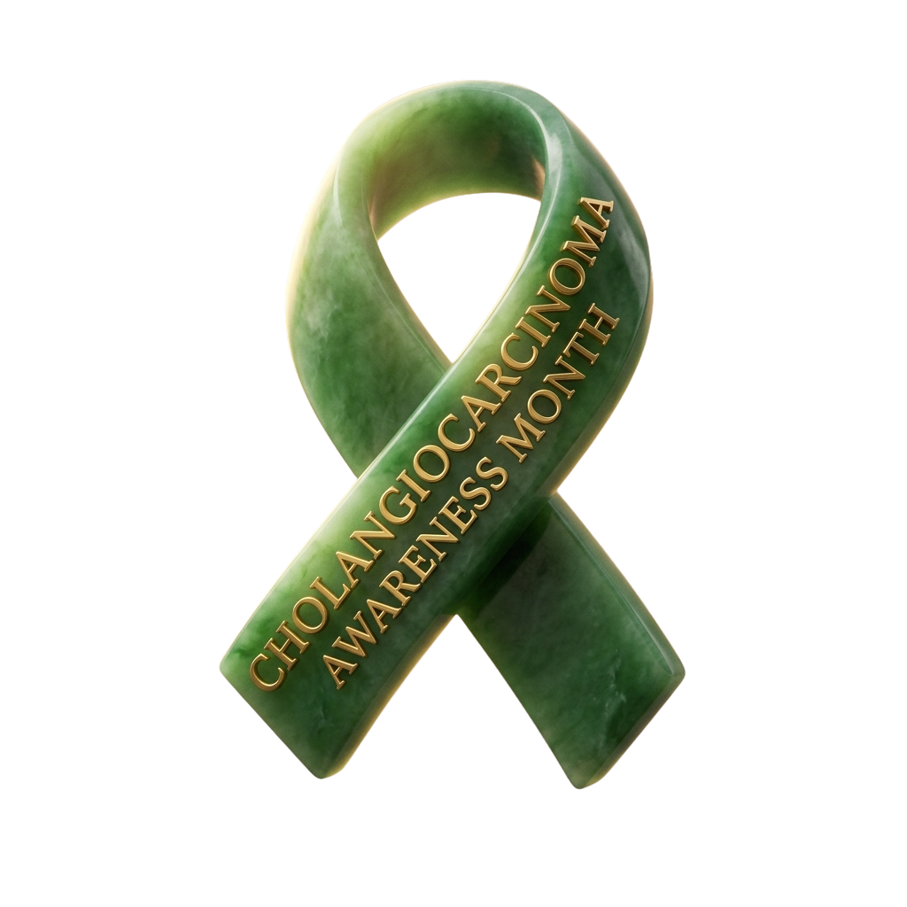 Green awareness ribbon with text reading Cholangiocarcinoma Awareness Monte