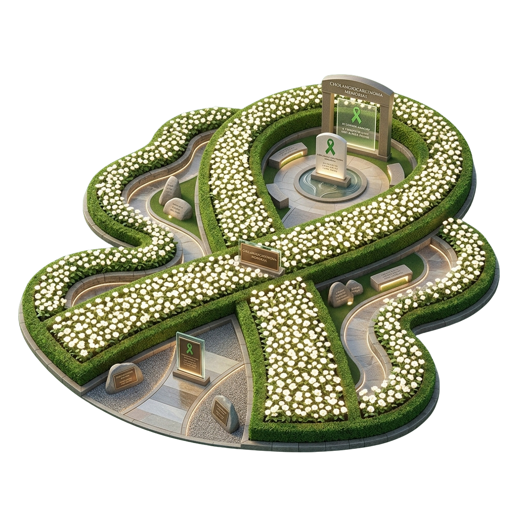 Aerial view of a memorial garden shaped like a ribbon with pathways, plaques, and green grassy areas adorned with white flowers.
