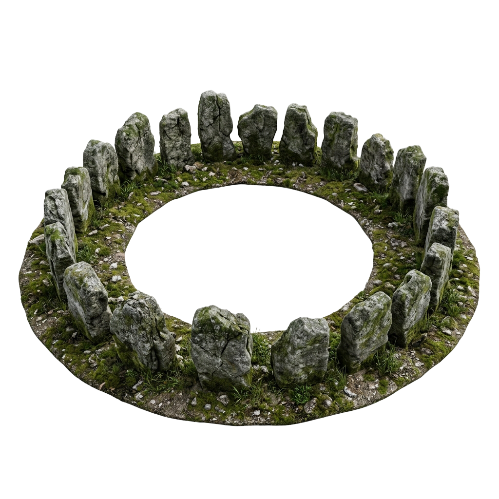 A circular arrangement of tall, weathered stones forming a ring on grassy ground