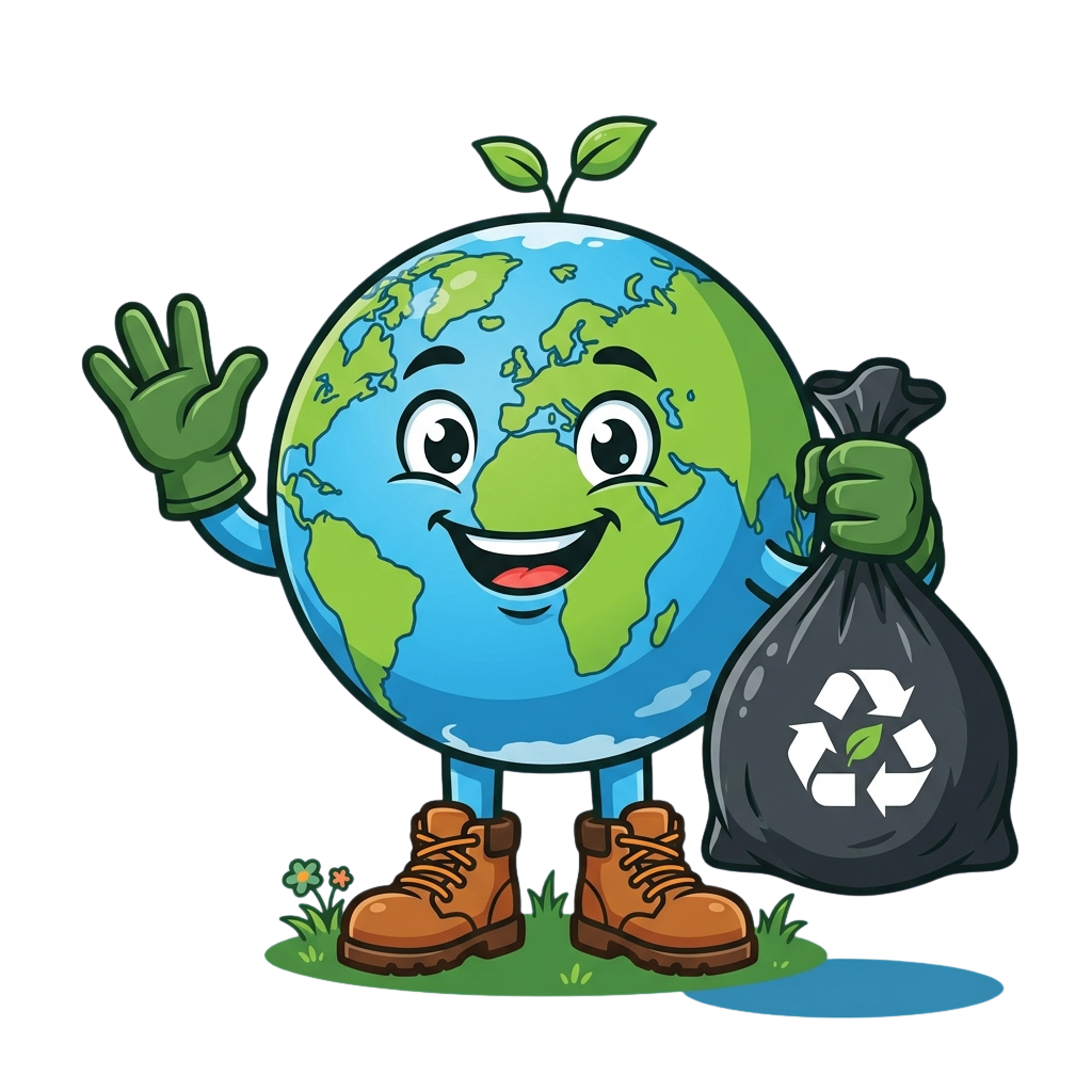 A smiling cartoon Earth character waving and holding a gray recycling bag with green recycling symbol