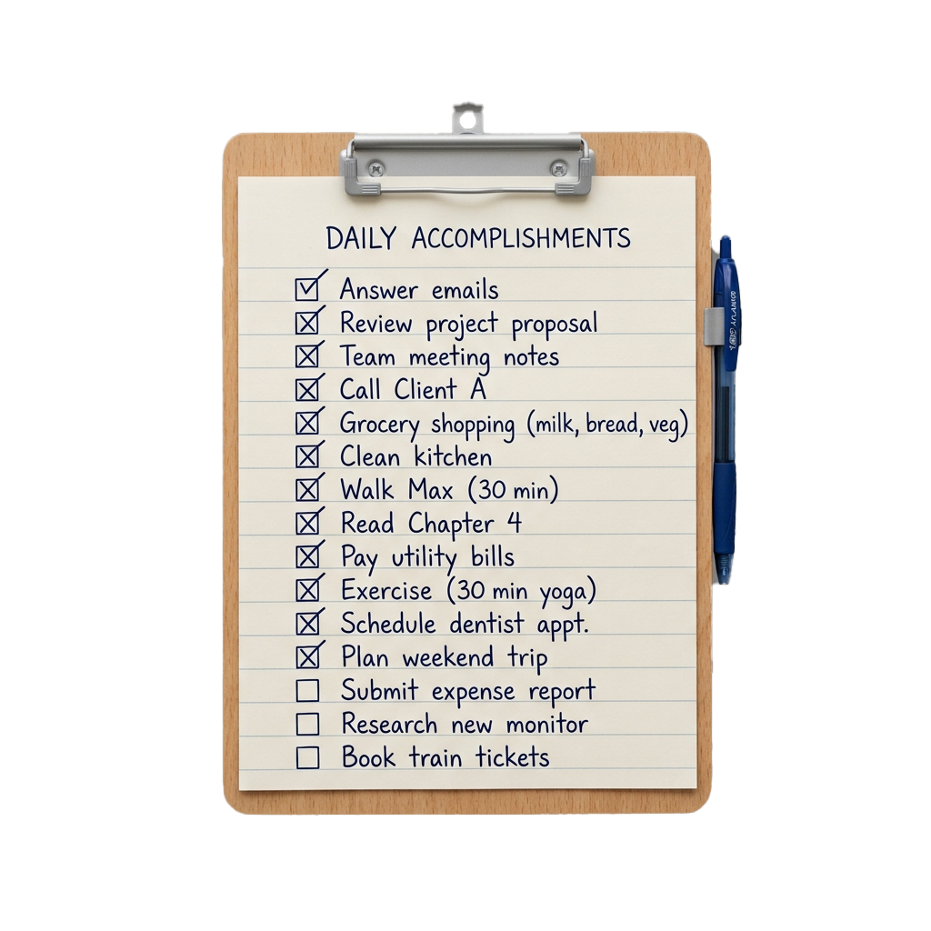 Clipboard with a handwritten checklist of daily accomplishments, including tasks like answering emails and grocery shopping.