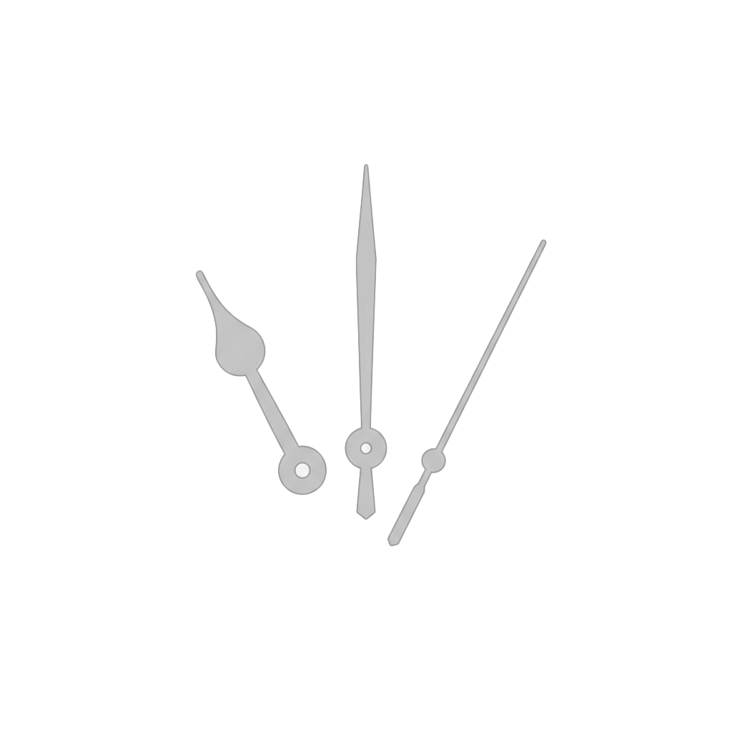 Three white clock hands on a black background pointing to different times