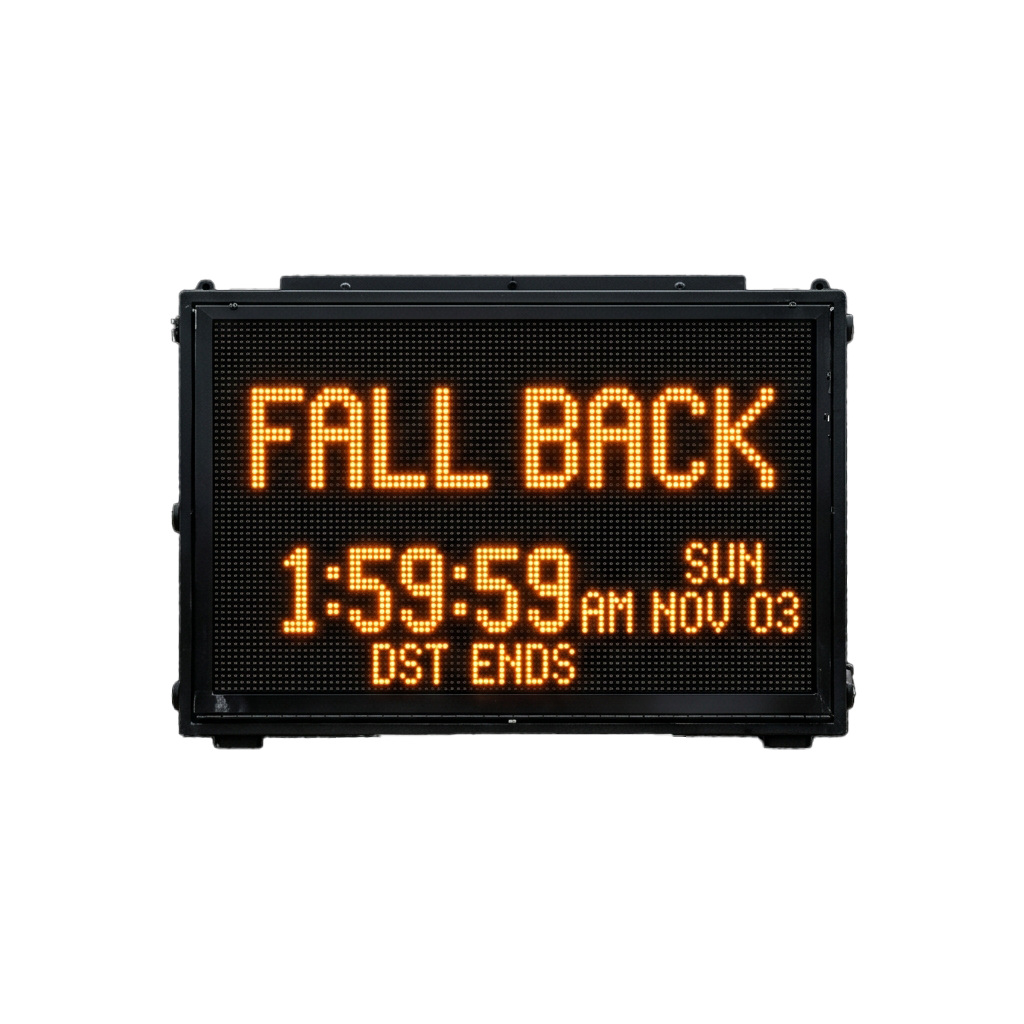 Digital clock showing Fall Back time change countdown to 1:59 AM on November 3, marking the end of Daylight Saving Time