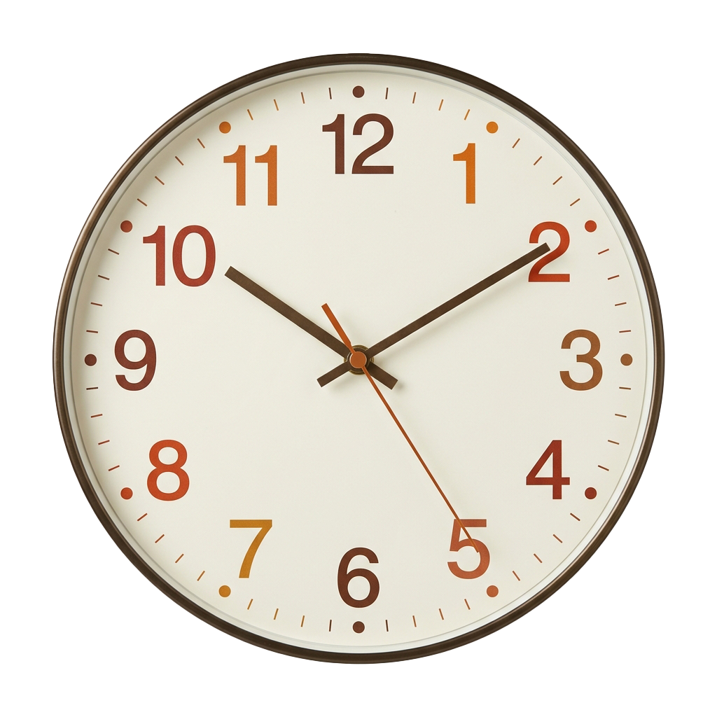 Retro-style analog clock with brown hour and minute hands on a white face and brown numbers