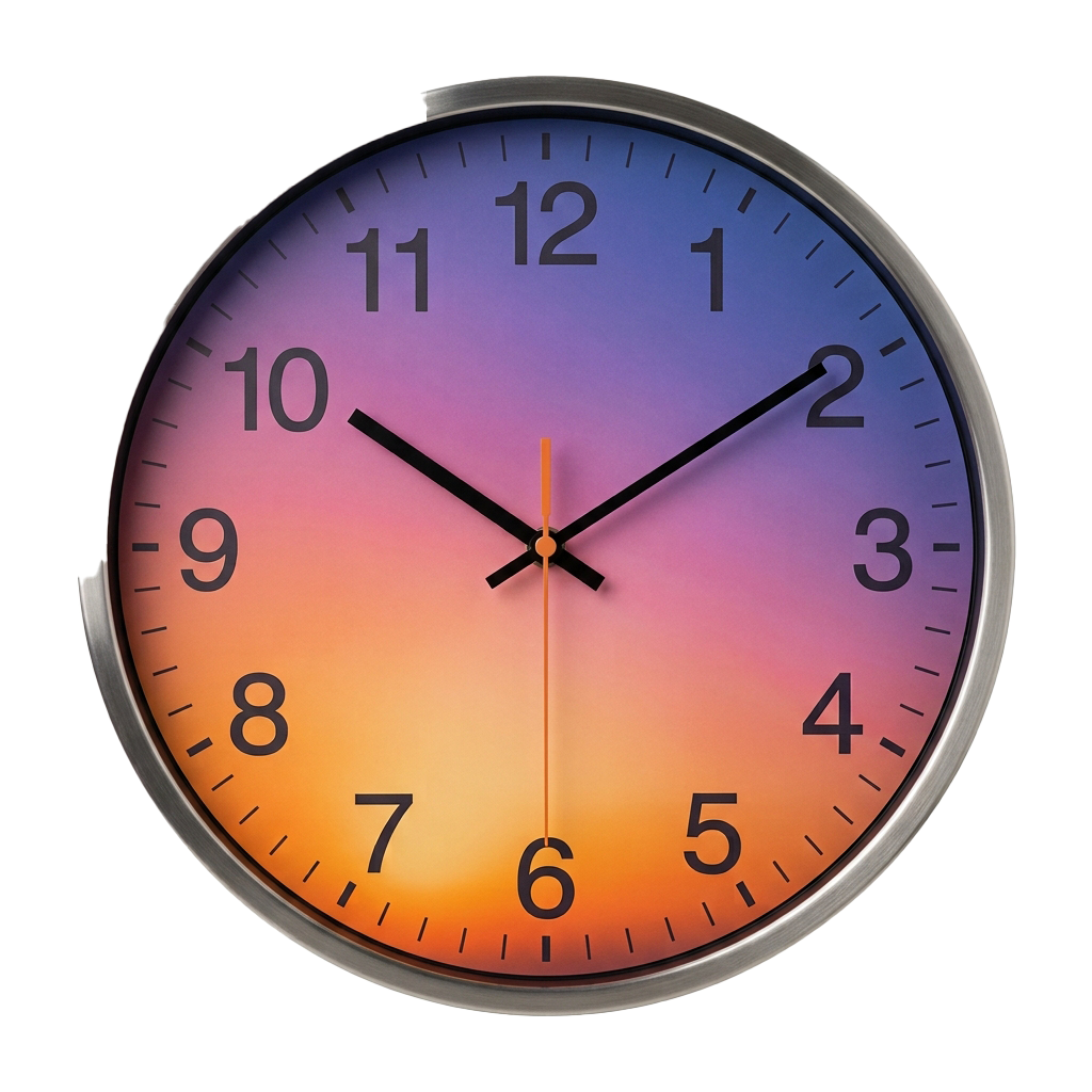 Analog clock with gradient sunset colors showing time at 10:10.
