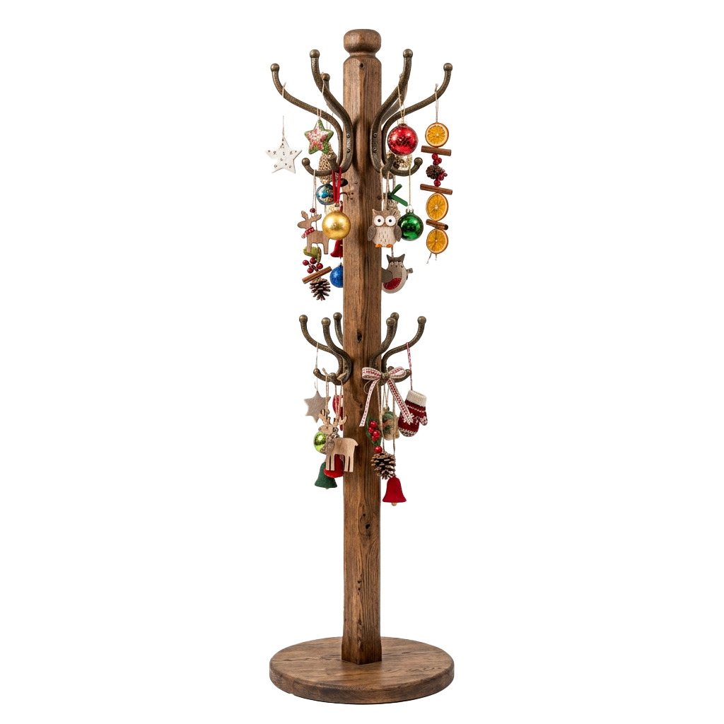 A wooden coat rack shaped like a tree adorned with colorful holiday ornaments and decorations