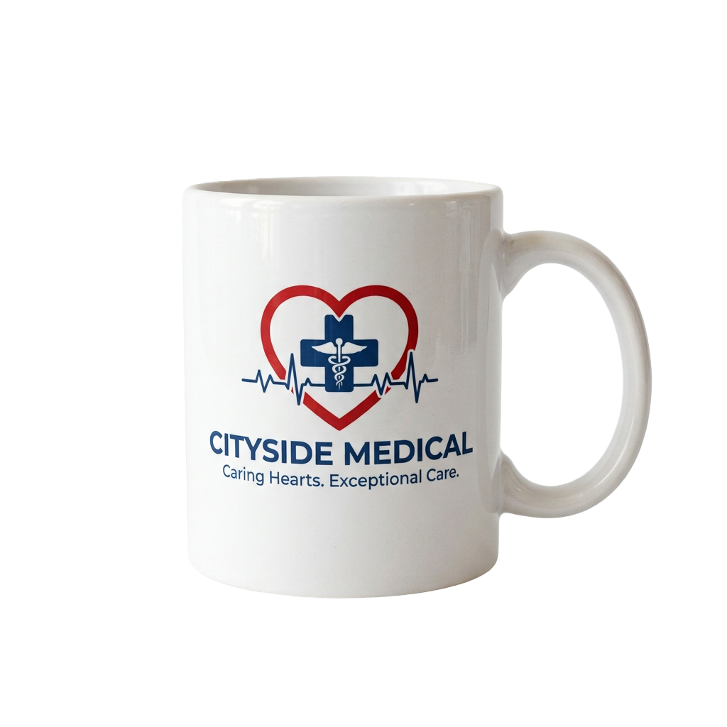 White ceramic mug featuring a red heart with a medical caduceus inside and ECG lines, labeled Cityside Medical Caring Hearts Exceptional Care