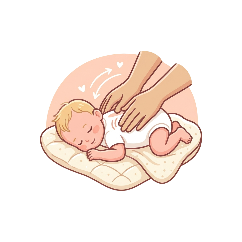 Illustration of a parent gently massaging a sleeping baby’s back with soft hand movements.
