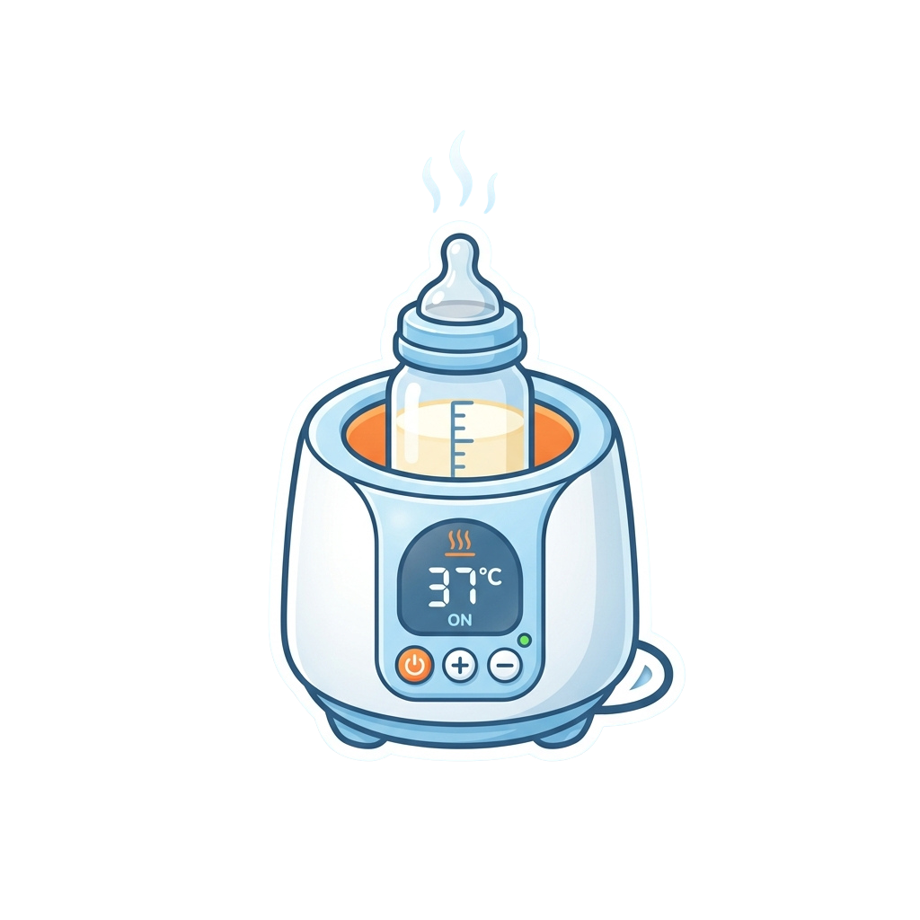 Illustration of a baby bottle warmer heating a bottle to 37 degrees Celsius