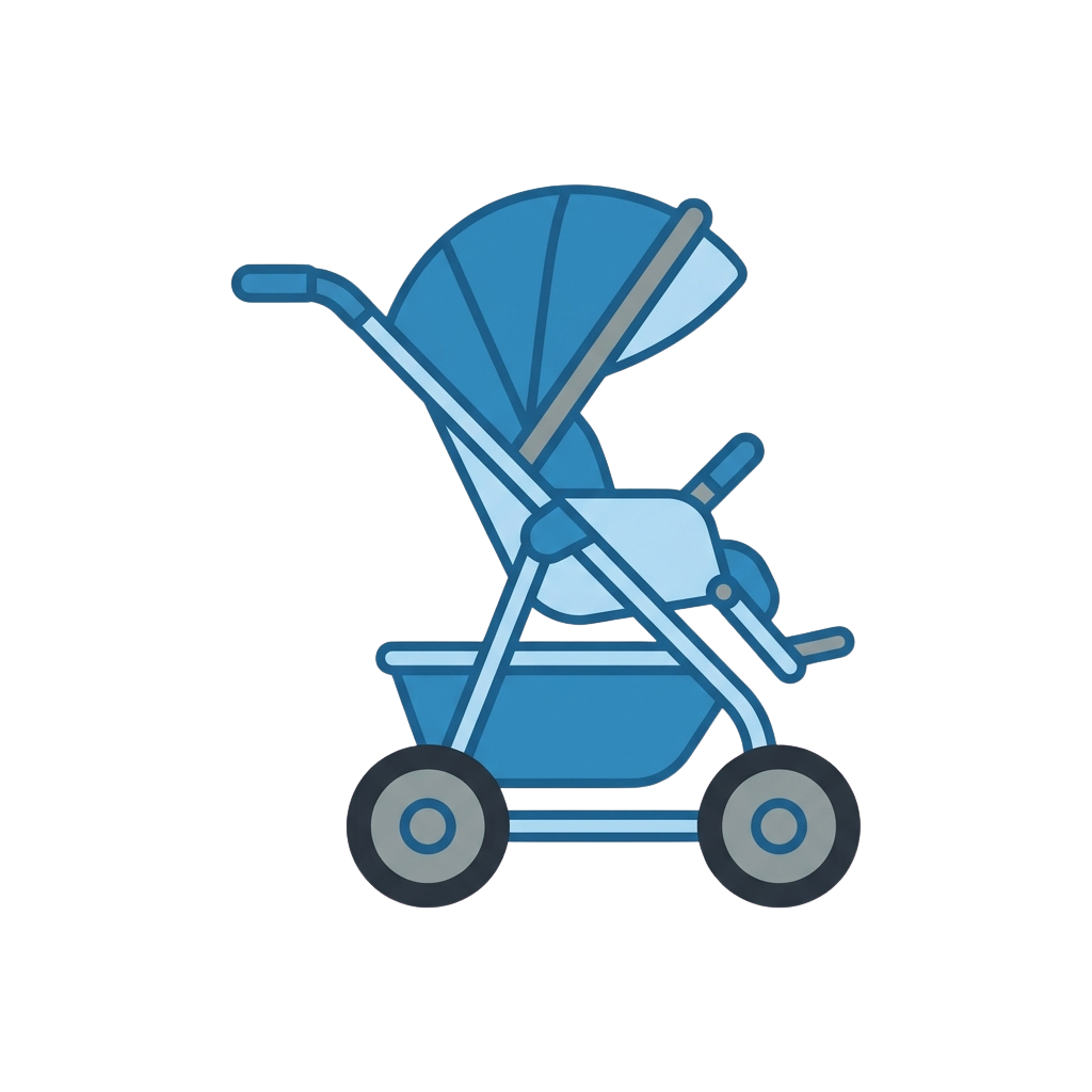 A stylized blue baby stroller with a canopy, seat, and four wheels shown against a dark background