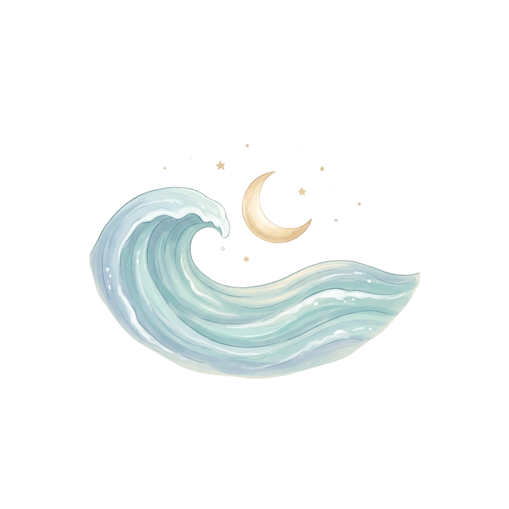A crescent moon above a stylized, glowing wave on a dark background
