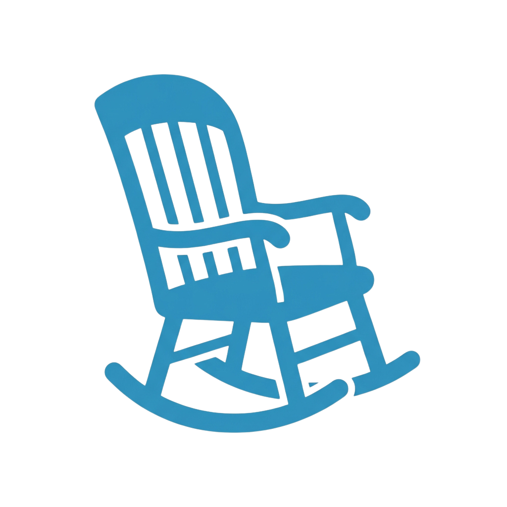A blue silhouette of a classic wooden rocking chair against a black background